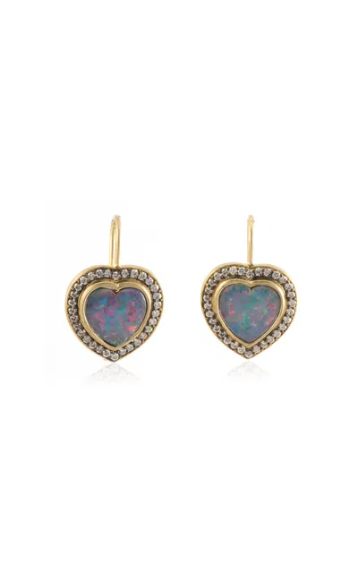 Sylva & Cie 18k Yellow Gold Heart Shape Opal Earrings In Blue