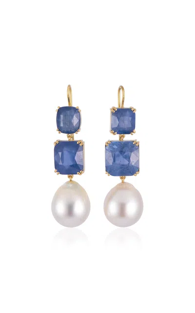 Sylva & Cie 18k Yellow Gold Sapphire And South Seas Pearl Drop Earrings In Blue