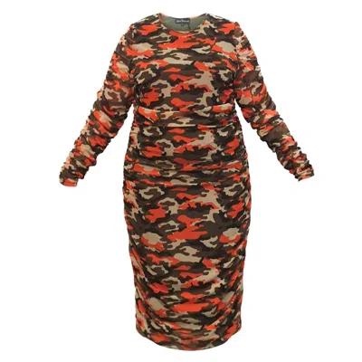 Sylvia Piechulla Women's Green / Brown / Yellow Boudicca Orange Camouflage Camo Ruched Midi Dress - Inclusive Plus Si In Green/brown/yellow