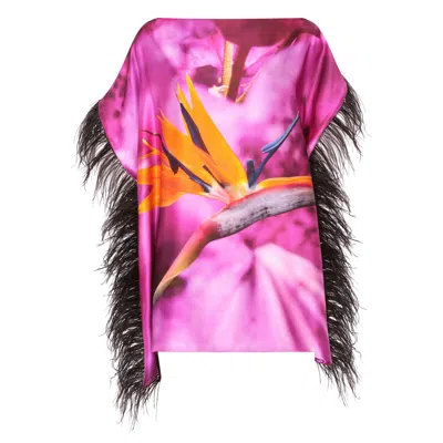 Sylvia Piechulla Women's Pink / Purple / Orange Bird Of Paradise Pink Purple Black Feather Top - Limited Edition