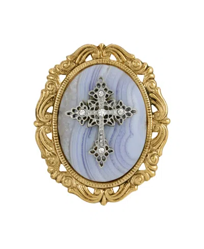 Symbols Of Faith 14k Gold Dipped Blue Lace Agate Oval Brooch
