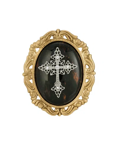 Symbols Of Faith 14k Gold Dipped Brown Obsidion Oval Brooch
