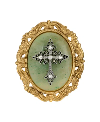Symbols Of Faith 14k Gold Dipped Brown Obsidion Oval Brooch In Green