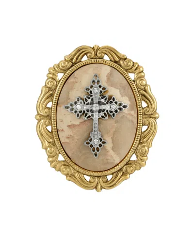 Symbols Of Faith 14k Gold Dipped Brown Obsidion Oval Brooch In Sand