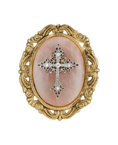 Symbols Of Faith 14k Gold Dipped Rose Quartz Oval Brooch In Pink