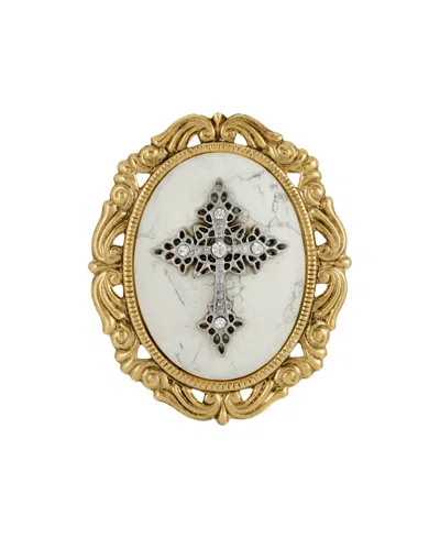 Symbols Of Faith 14k Gold Dipped Rose Quartz Oval Brooch In White