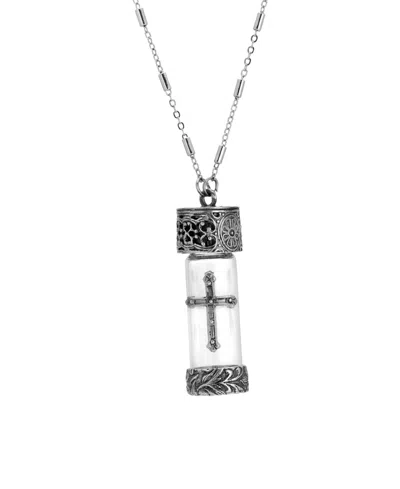 Symbols Of Faith Antique Pewter And Silver Tone Glass Cross Vial Screw Cap Necklace In Gray