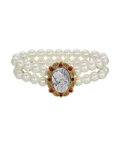 Symbols Of Faith Faux Pearl Bracelet With Red Crystals Silvertone Angel