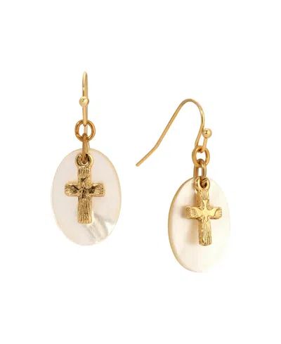 Symbols Of Faith Gold Tone Cross Mother Of Pearl Wire Earrings In White