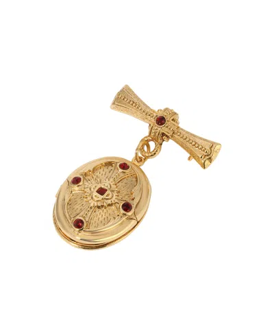 Symbols Of Faith Gold Tone Garnet Cross Locket Pin In Red