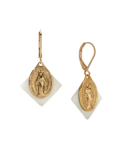 Symbols Of Faith Gold Tone Mother Of Pearl Miraculous Medal Leverback Earrings In White