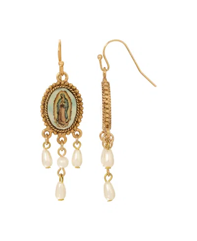 Symbols Of Faith Gold Tone Our Lady Of Guadalupe Faux Pearl Drops Hand Enamel Wire Earrings In White