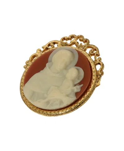 Symbols Of Faith Gold Tone St. Anthony Round Pink Cameo Brooch In Brown
