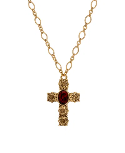 Symbols Of Faith Gold-tone Cross Garnet Oval Stone 28" Necklace In Neutral