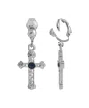 Symbols Of Faith Silver-tone Blue Crystal Accent Cross Clip Earrings In Blue