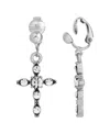 Symbols Of Faith Silver-tone Crystal Cross Drop Clip Earrings In Silver-tone