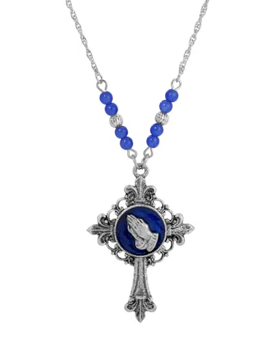 Symbols Of Faith Silver-tone Cross Blue Enamel Praying Hands 18" Necklace In Metallic