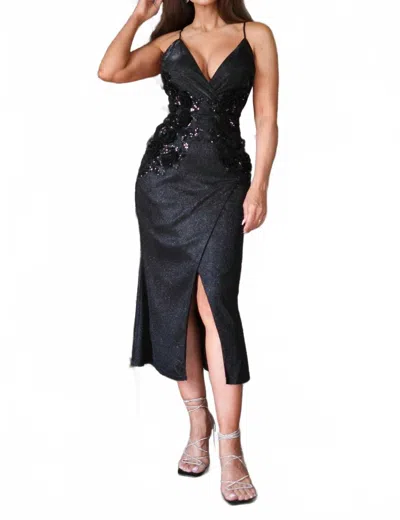 Symphony Belva Flower Embellished Shimmer Wrap Midi Dress In Black