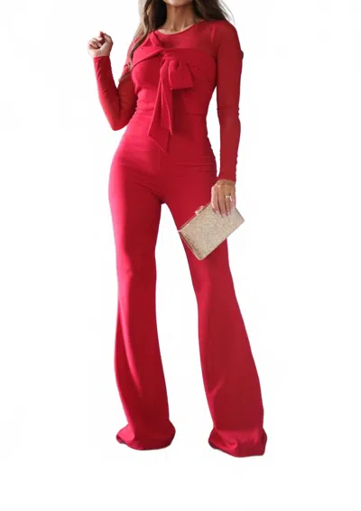Symphony Rita Mesh Sleeved Jumpsuit With Bow Detail In Red