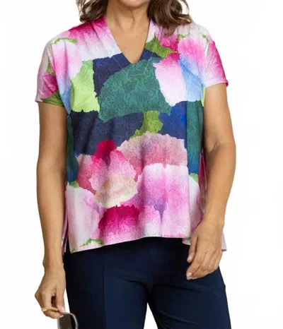 Sympli Deep V Short Sleeve Print Top In Petal Poetry In Multi