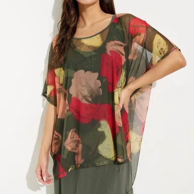 Sympli Printed Mesh Slit Back Tunic In Floral Camo In Green