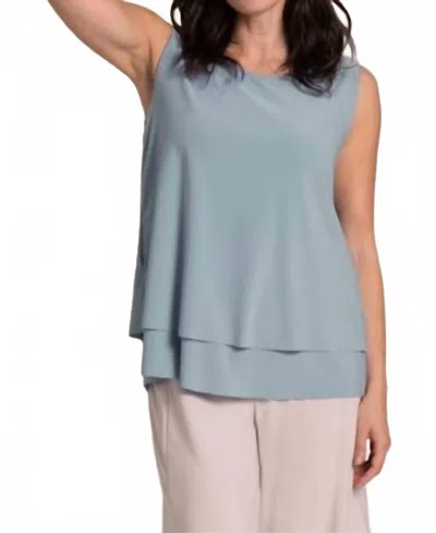 Sympli Sleeveless Double Layer Shell Top With Jewel Neck In Stone Blue