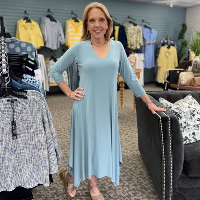 Sympli Splice Three-quarter Sleeves V-neck Dress In Stone Blue