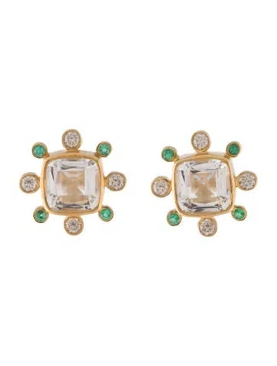 Pre-owned Syna 18k 2.50ctw Quartz, Emerald, & Diamond Cosmic Stud Earrings In Multi