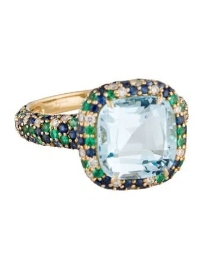 Pre-owned Syna 18k 5.50ctw Topaz, Emerald, Sapphire & Diamond Cocktail Ring In Multicolor