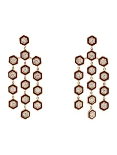Pre-owned Syna 18k Diamond & Enamel Hexagon Chandelier Earrings In Red