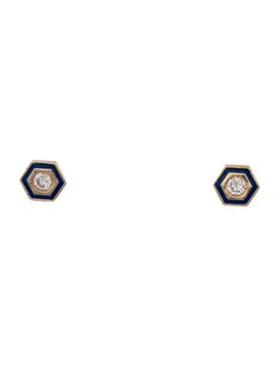 Pre-owned Syna 18k Diamond & Enamel Hexagon Stud Earrings In Blue