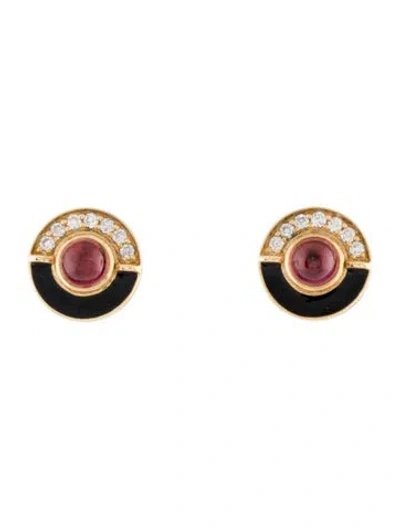 Pre-owned Syna 18k Garnet, Diamond, & Enamel Stud Earrings In Black