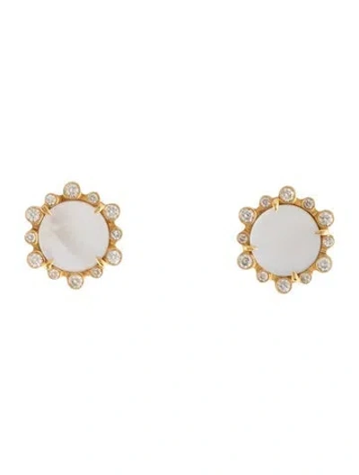 Pre-owned Syna 18k Mother Of Pearl & Diamond Stud Earrings In Multicolor