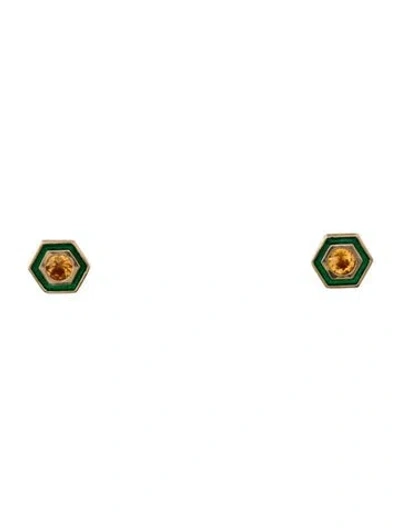 Pre-owned Syna 18k Sapphire & Enamel Hexagon Stud Earrings In Green