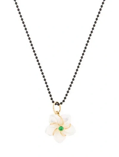 Pre-owned Syna Mother Of Pearl & Tsavorite Garnet Flower Pendant Necklace, 17.75" In White