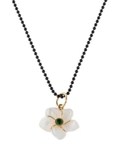 Pre-owned Syna Mother Of Pearl & Tsavorite Garnet Flower Pendant Necklace, 18" In White