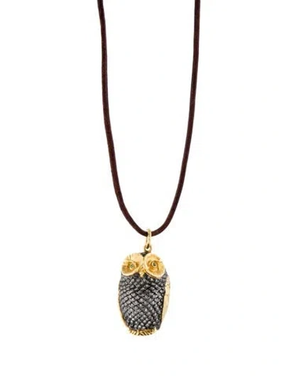 Pre-owned Syna Two-tone Diamond & Tsavorite Owl Pendant Necklace, 36" In Brown