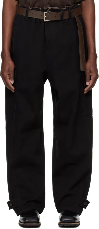 System Black Cotton Binded Cargo Pants In Black Grey