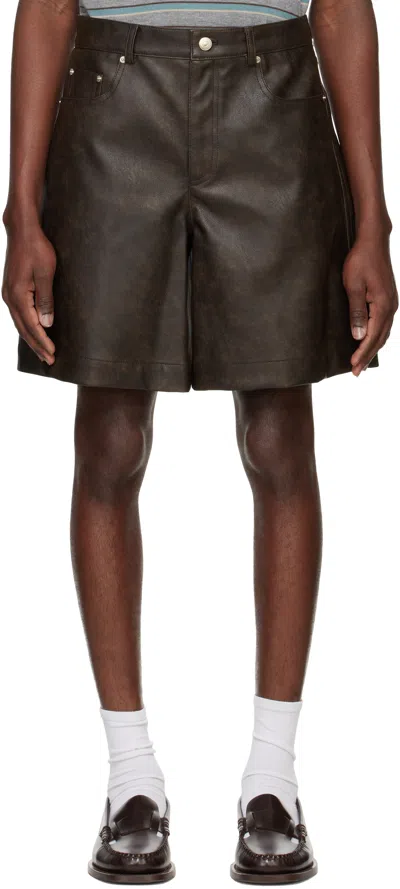 System Brown Lined Faux-leather Shorts