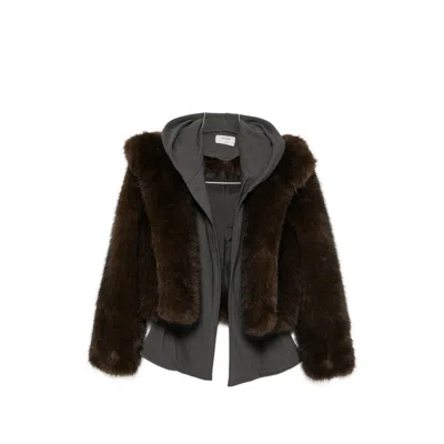 System Faux-fur Hooded Jacket In Brown
