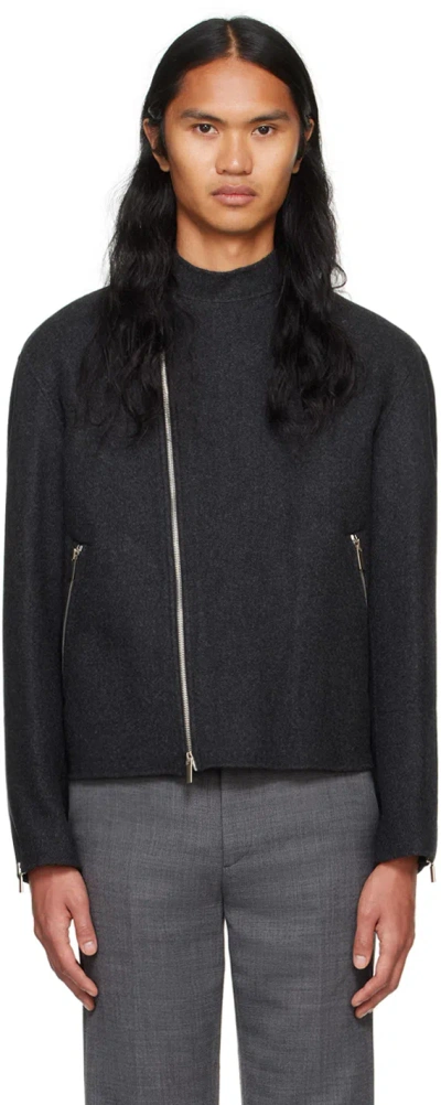 System Gray Double Faced Wool Biker Jacket In Dg Dark Grey