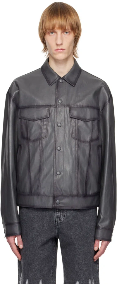 System Gray Spread Collar Faux-leather Jacket In Dg Dark Grey