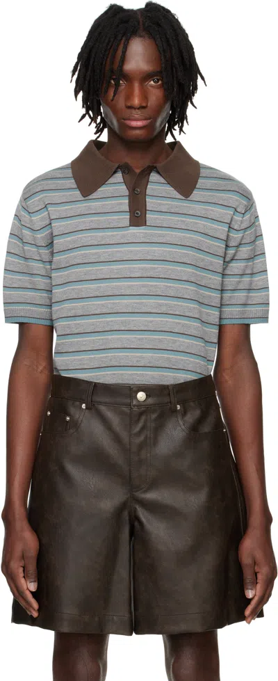 System Gray Striped Knitted Polo In Grey