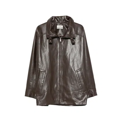System High-neck Zip-up Biker Jacket In Brown