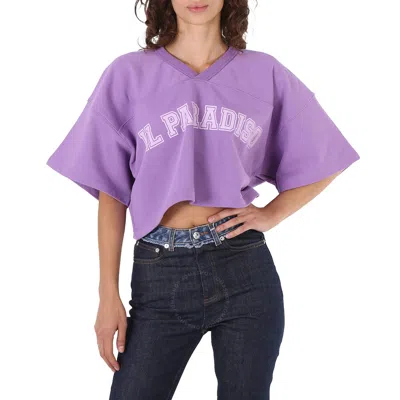 System Ladies Violet Lettering Short-sleeve V-neck Cropped Top In Purple