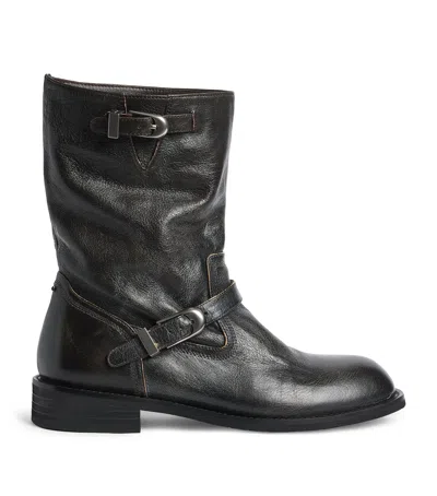 System Leather Buckle Ankle Boots In Brown