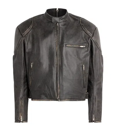 System Leather Motorcycle Jacket In Brown