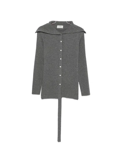 System Ribbed-knit Sailor-collar Cardigan In Gray