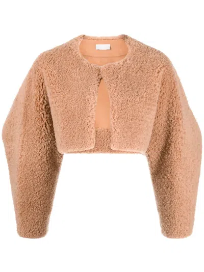 System Round-neck Shearling Jacket In Brown