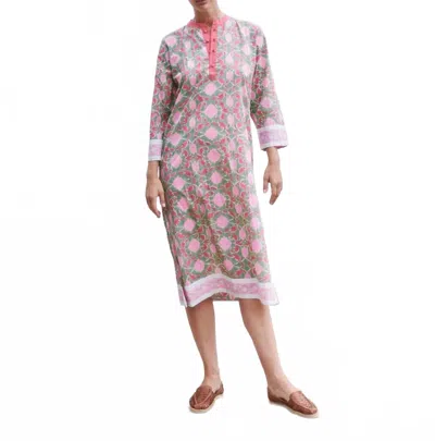 Sz Blockprints Isle Frock In Lisbon Print In Celery/rose/indian Lake In Pink